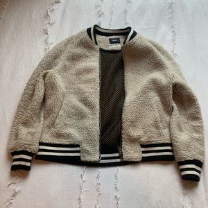 BDG fuzzy bomber with striped sleeves